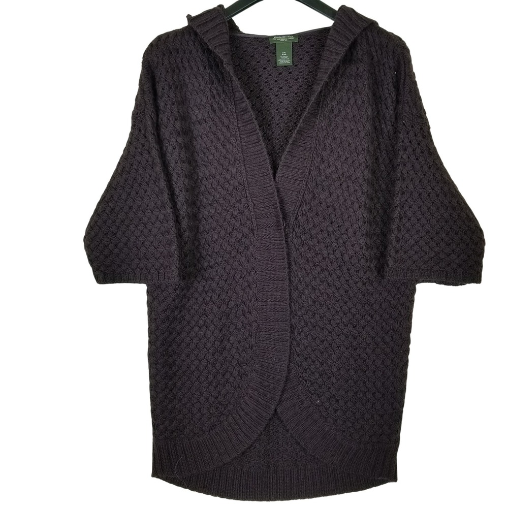 Eddie Bauer Dark Purple Wool Alpaca Hooded Open Cardigan Sweater Women L/XL‎